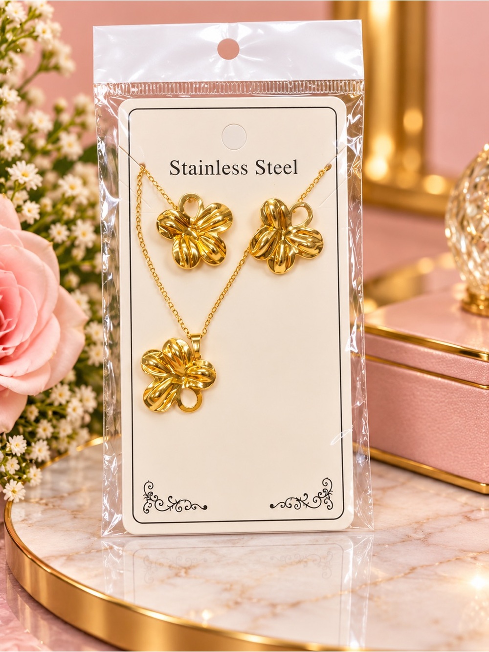 Gold Stainless Steel Flower Necklace and Earring Set